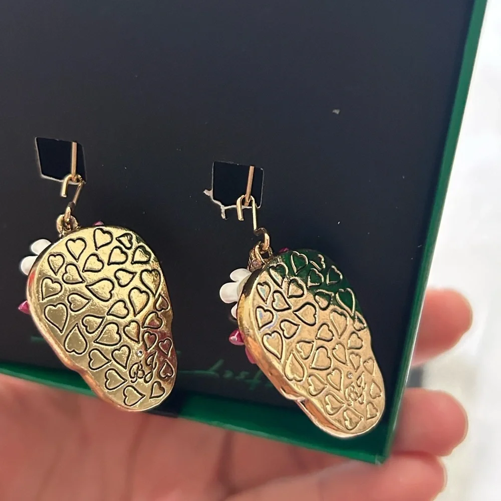 Betsey Johnson Sugar Skull Drop Earrings Rhinestone Floral NWT